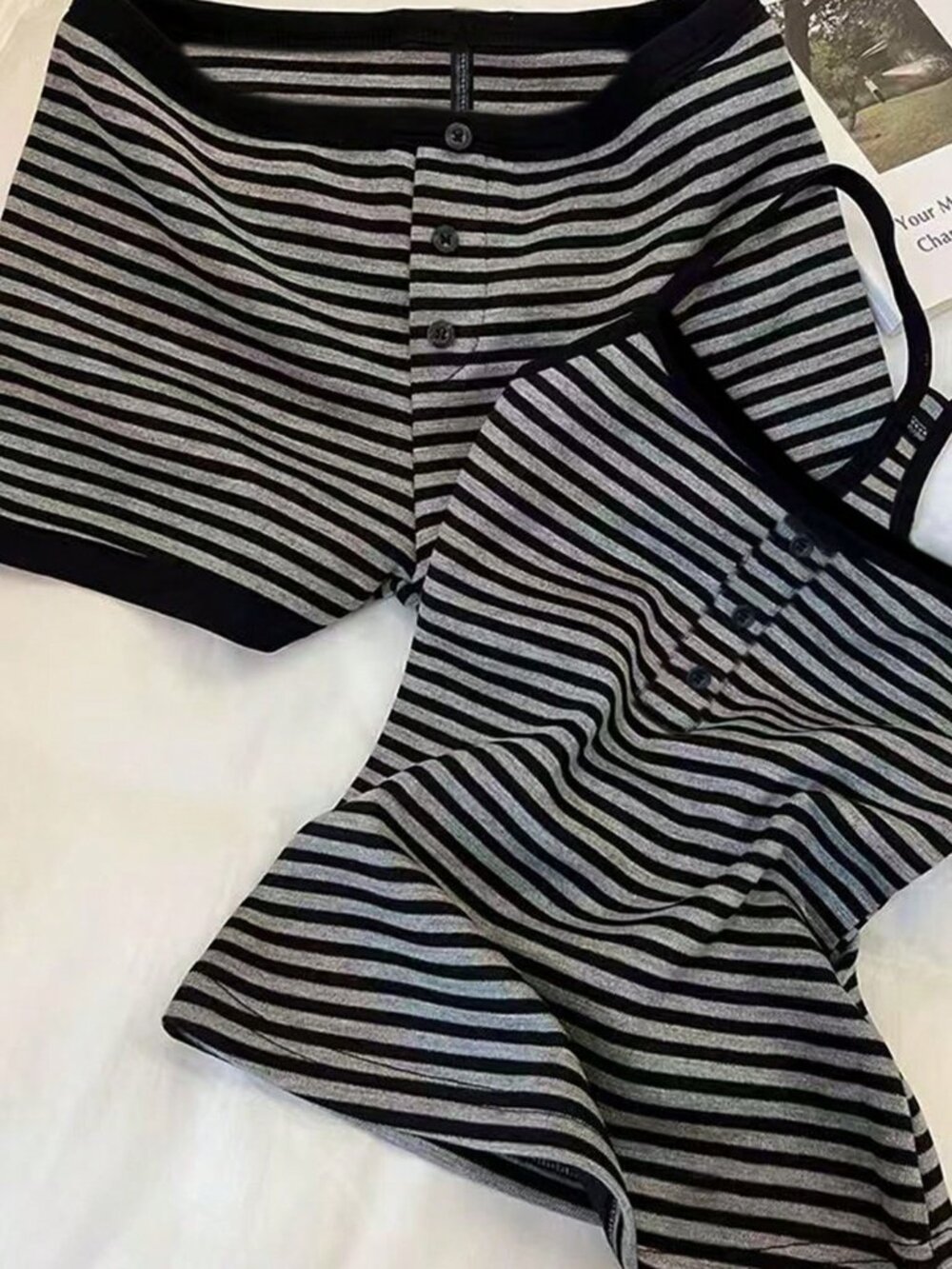 Grey Casual Women's Striped Camisole Top And Shorts Set